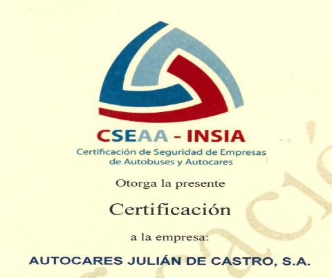 Certificación de la Seguridad de la Empresa (CSEAA) Autocares Julián de Castro, S.A. por el INSIA (U.P.M.)